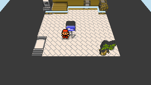 The player's bedroom: bookshelves, bed, SNES and a potted plant, voxelized.