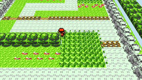 Route 1: tall encounter grass, ledges, fences, and rows of carved trees.